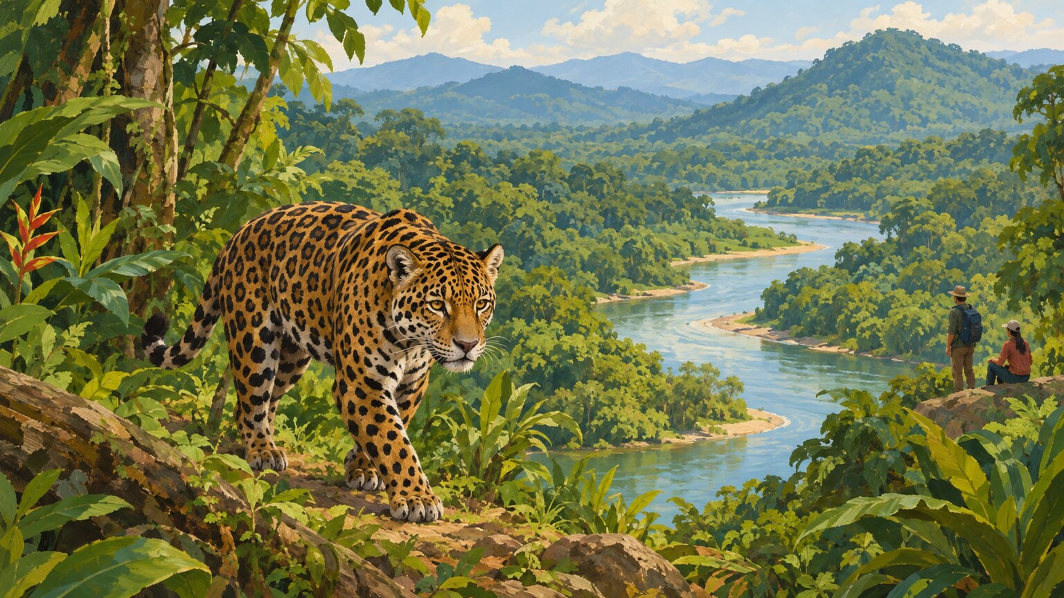 Ein Jaguar geht durch Wald nahe einem Fluss und zusammenhängenden grünen Hügeln.