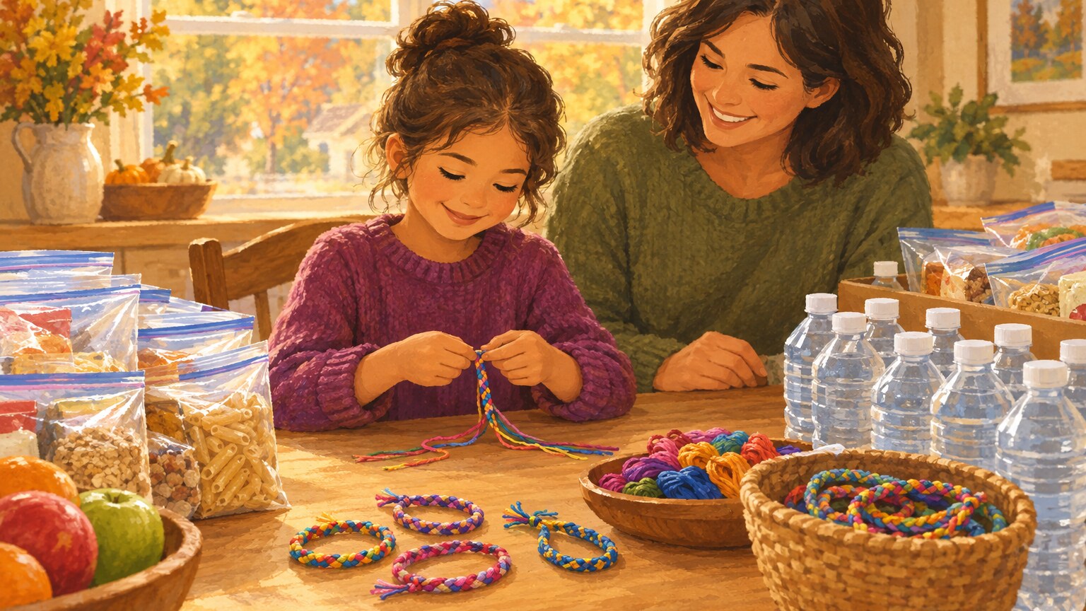 A child weaves colorful bracelets at a kitchen table beside bags of donated supplies.