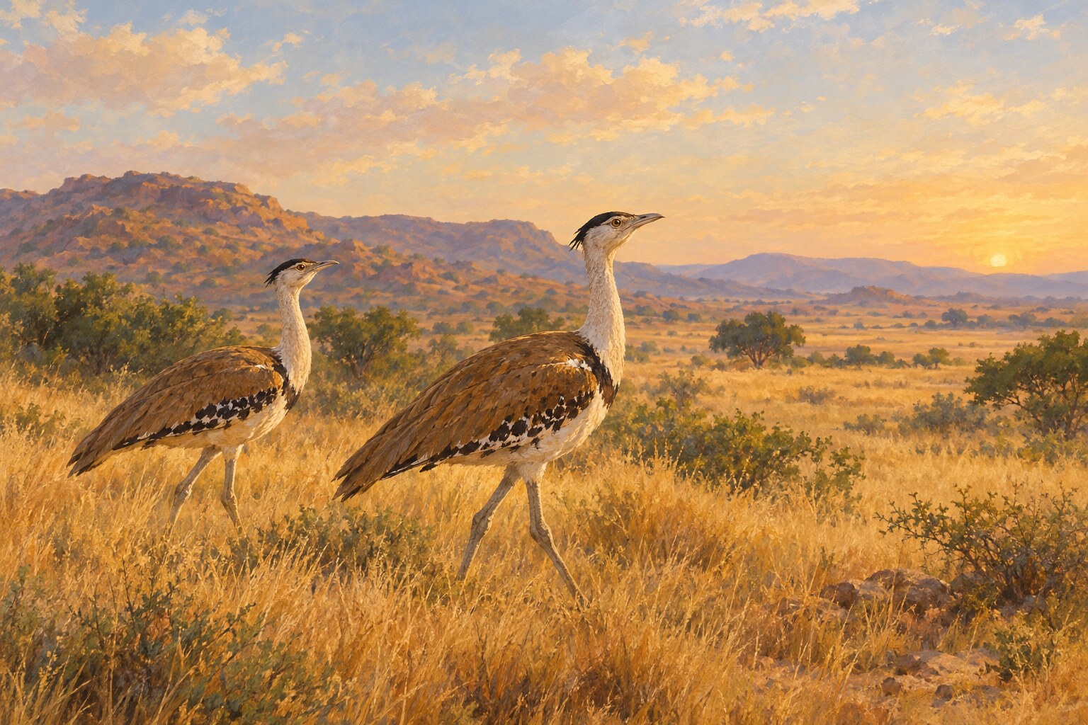Two Great Indian Bustards walk through golden grass in a Rajasthan landscape.