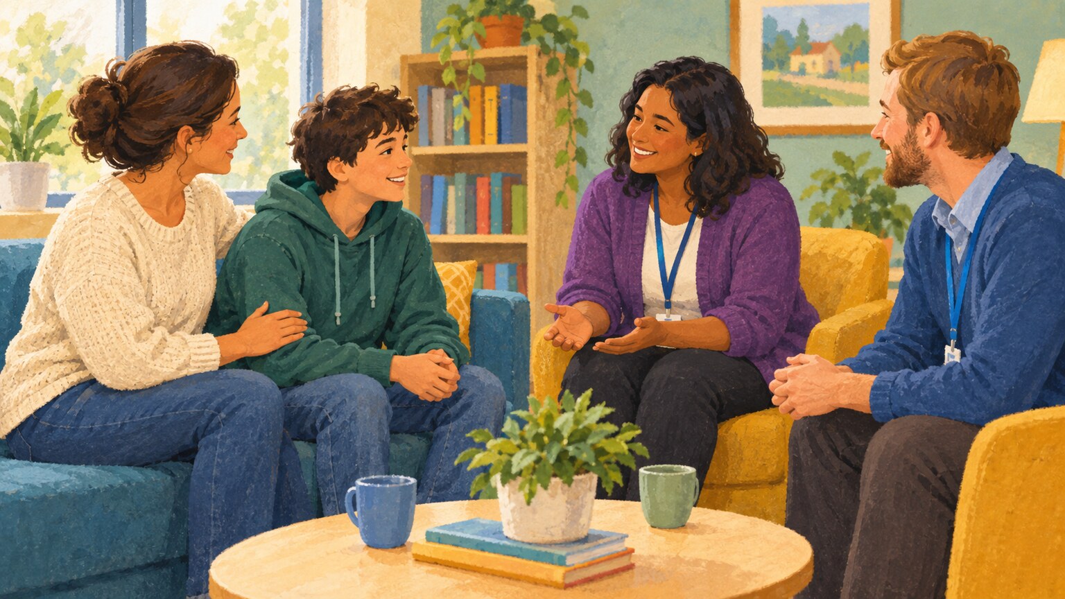 A young person and caregiver talk with two supportive professionals in a calm community room.