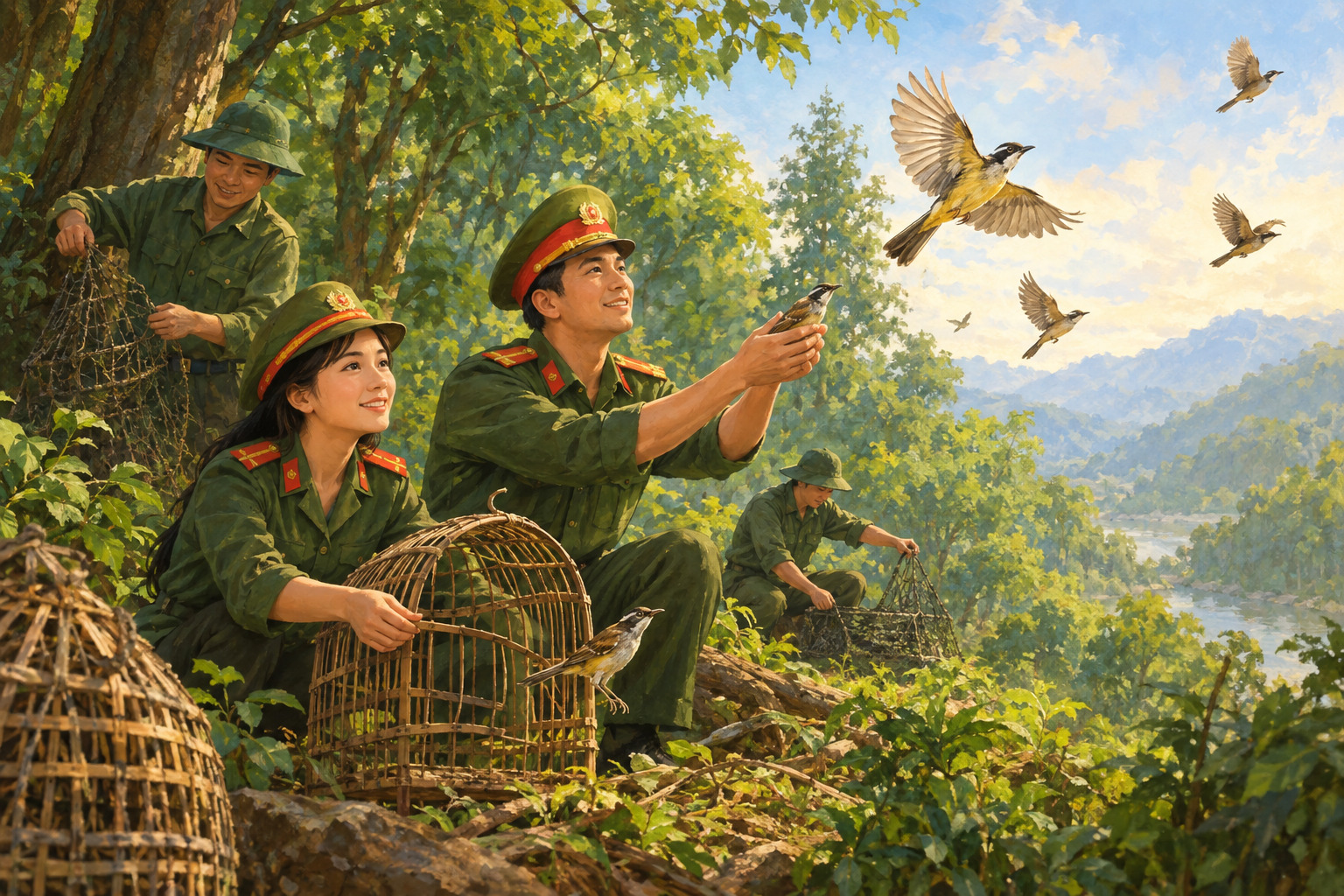 Migratory birds flying over a protected wetland after a ranger removes an empty trap.