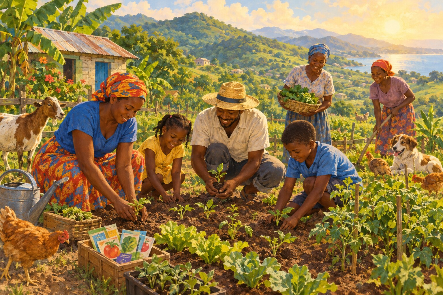 Haitian families receiving seeds and small livestock to replant their fields.