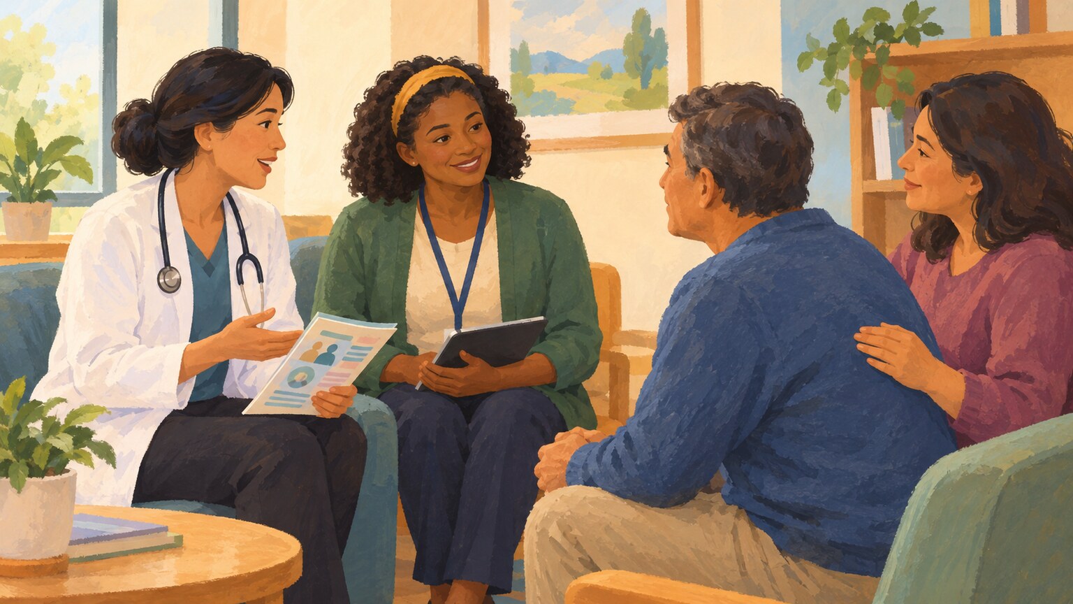 A clinician and community health worker speak with a patient in a welcoming clinic.