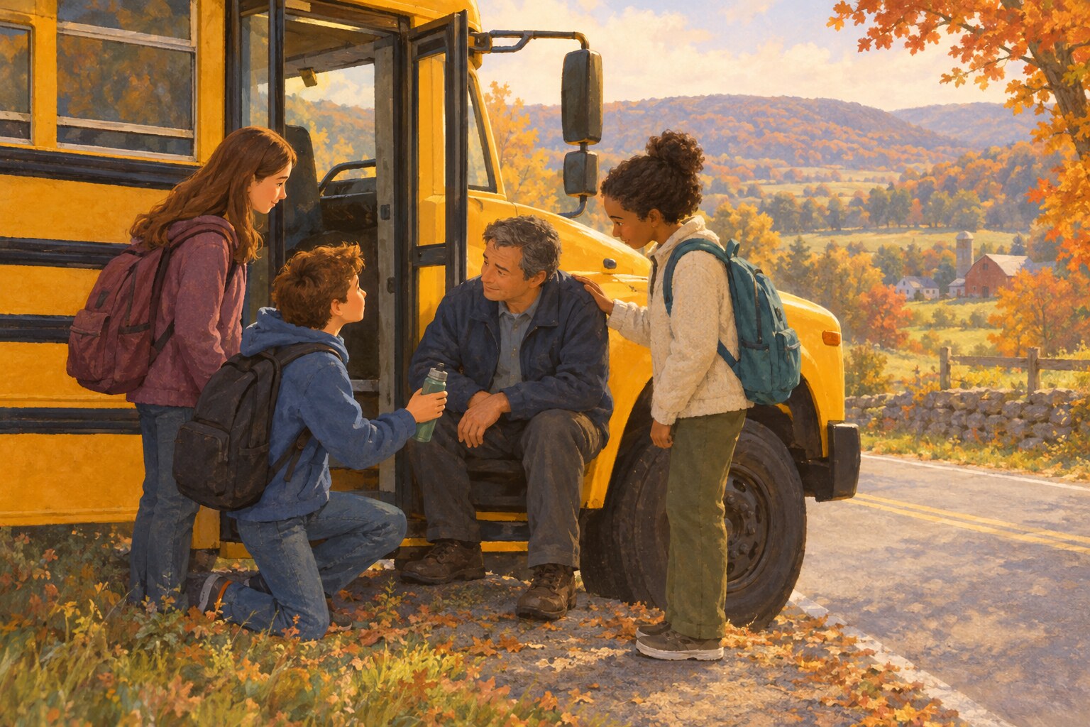 Students help their bus driver after safely stopping their school bus.