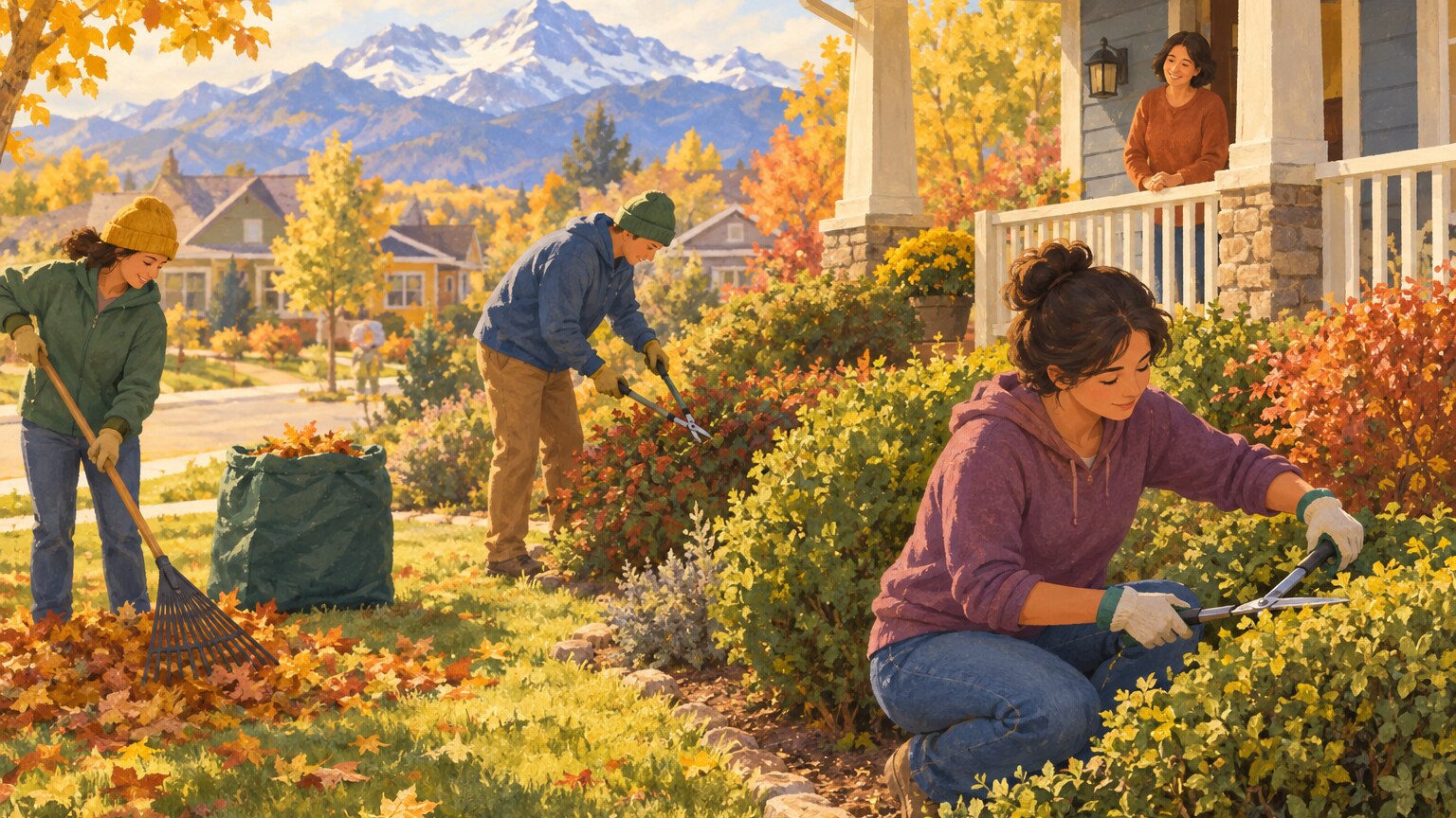 Volunteers tidy a Loveland yard while the homeowner looks on from her porch.