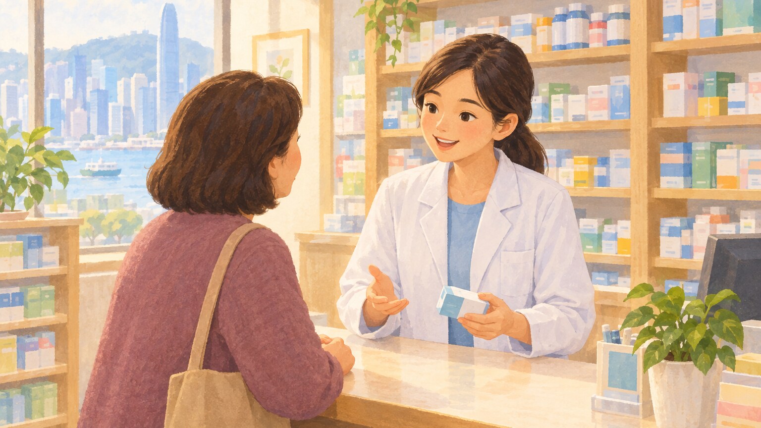 A pharmacist speaks with a customer at a neighborhood pharmacy counter.