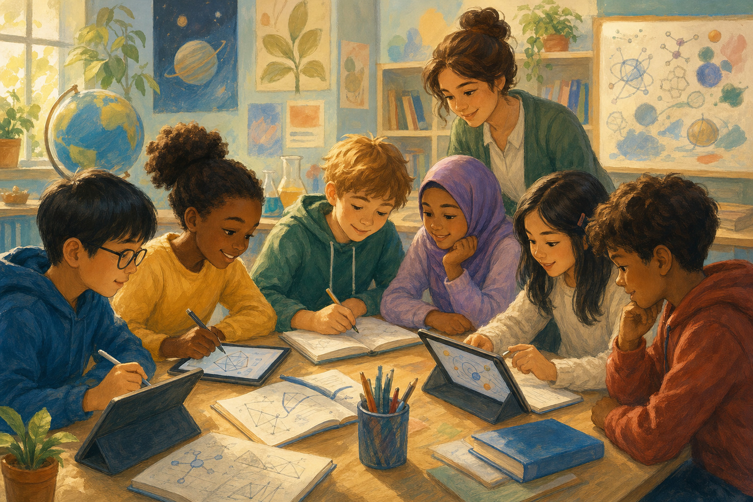 Students learn together with tablets and notebooks in a bright, welcoming classroom.