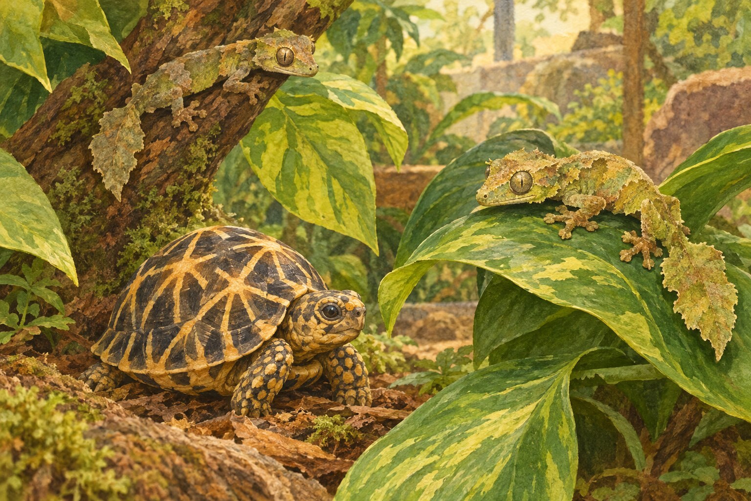 A young tortoise and small geckos in a leafy habitat.
