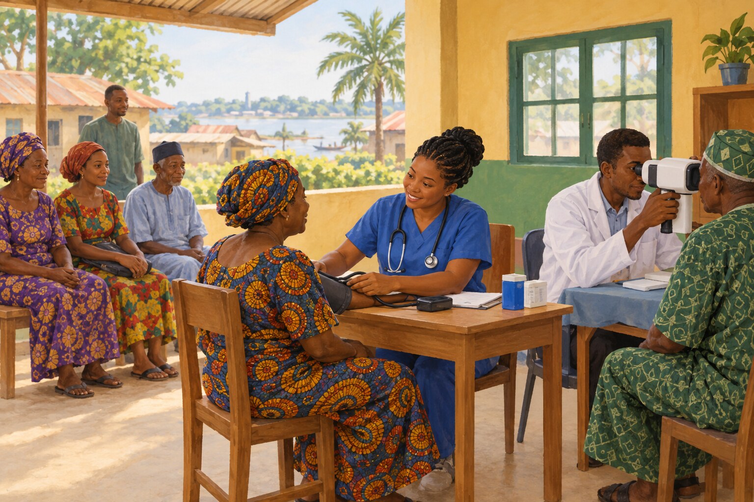 Medical workers provide checkups and eye screening at a community health outreach.