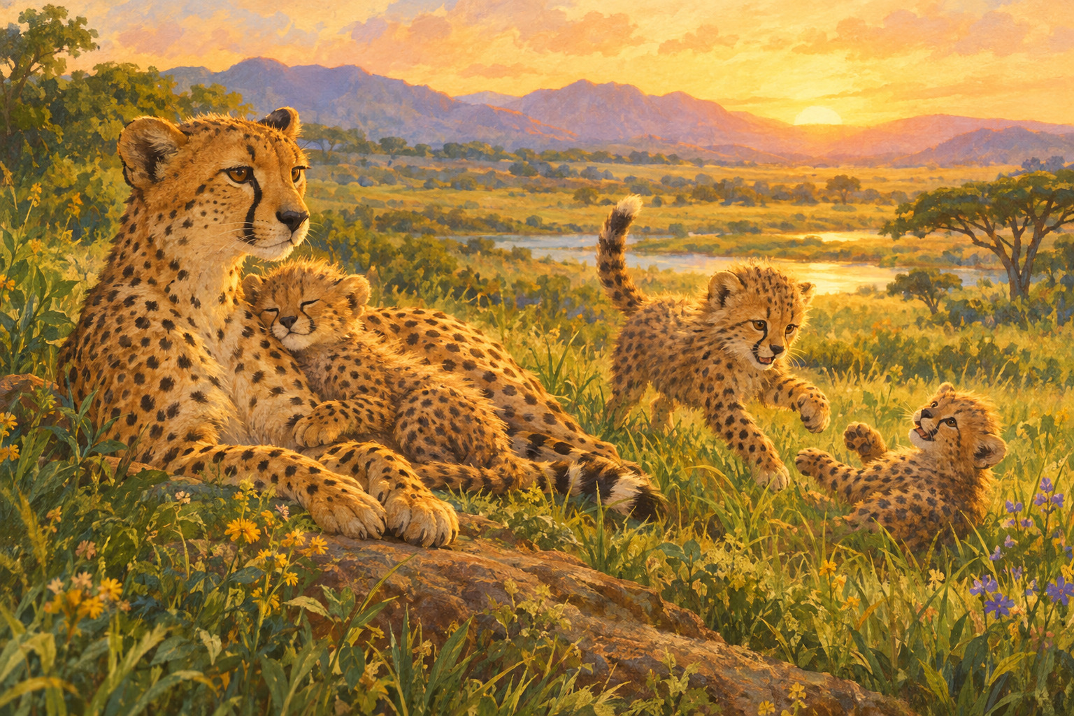 A mother cheetah and two cubs rest in golden grass in a protected Indian landscape.
