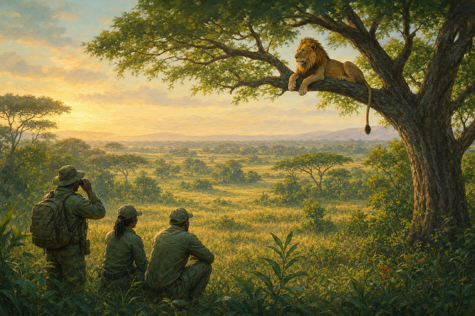 A tree-climbing lion rests above a protected Ugandan landscape as conservation work continues.