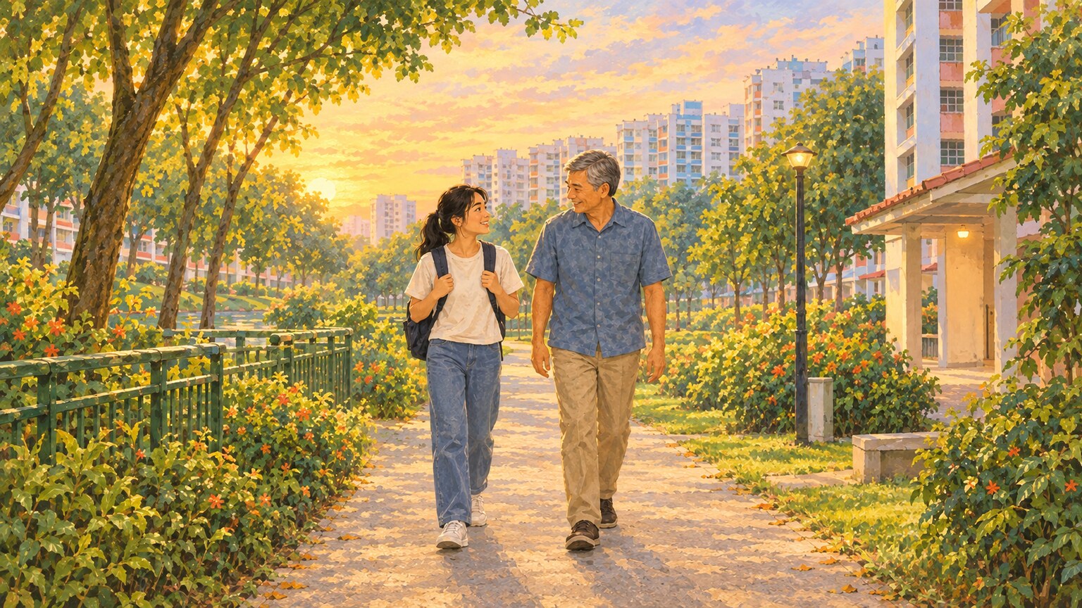 A student walks alongside an older man on a leafy path toward home.