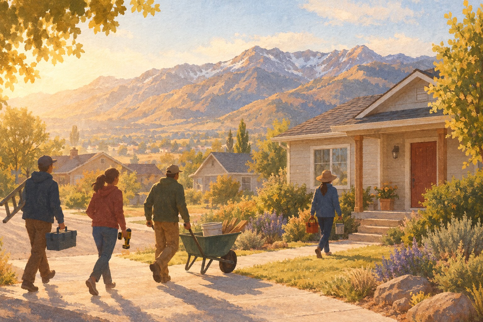 Illustrated neighbors carrying tools toward a home in a Utah neighborhood.