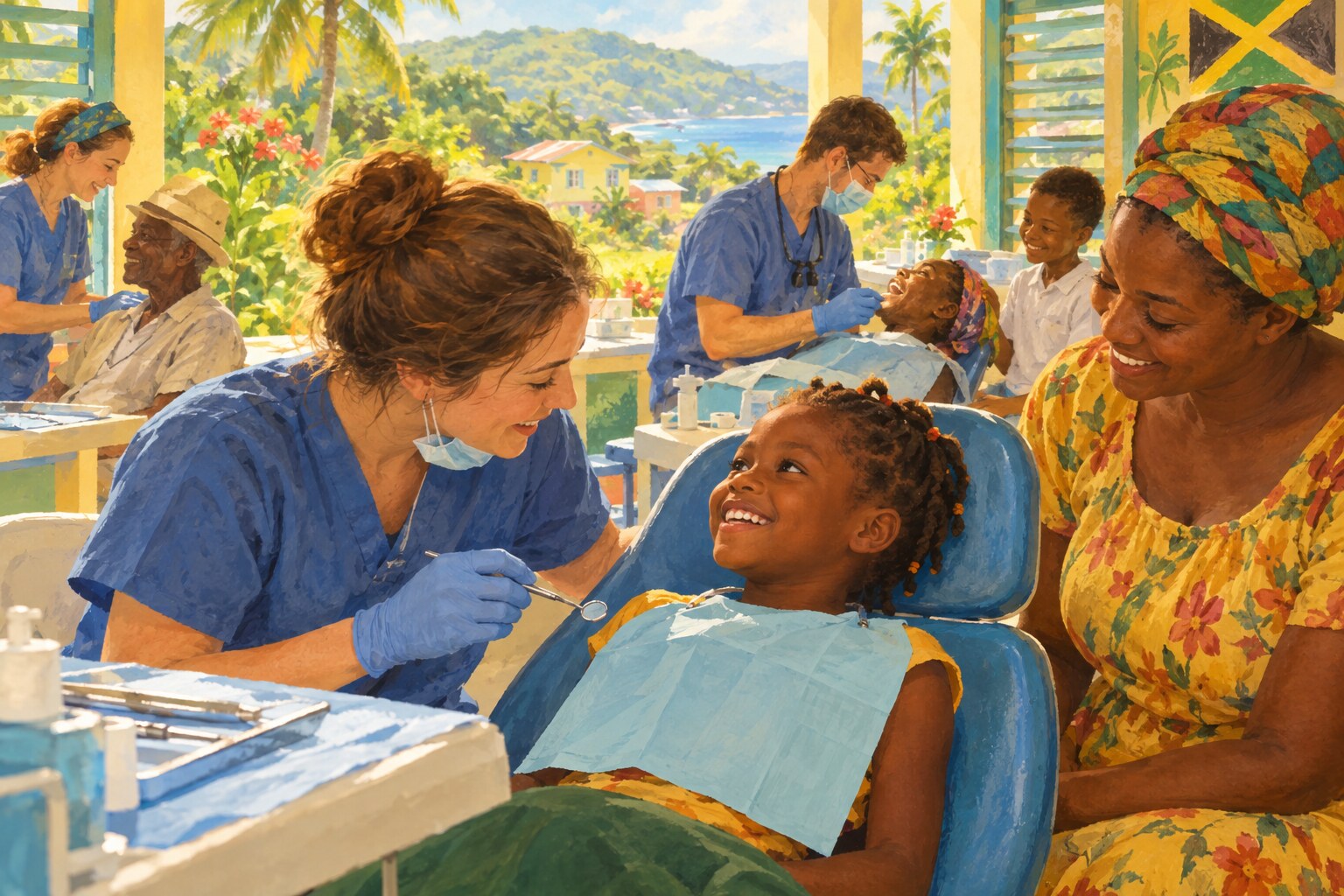 Volunteer dentists and community members gather outside a rural clinic in Jamaica.