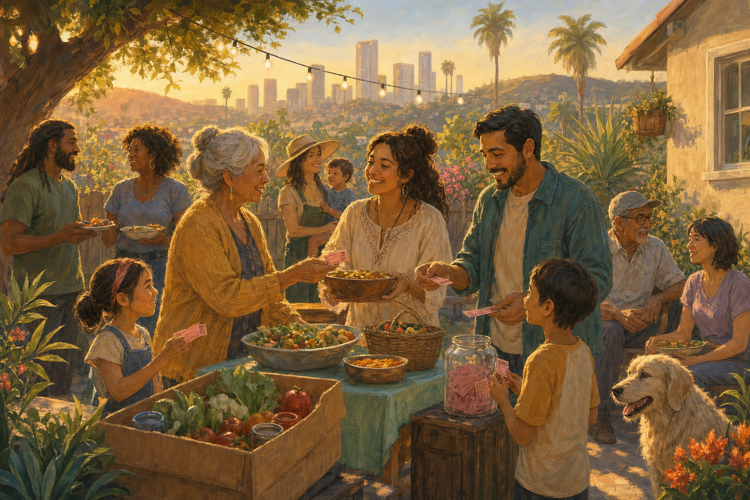 Neighbors gathering in a backyard to raise food-support donations.