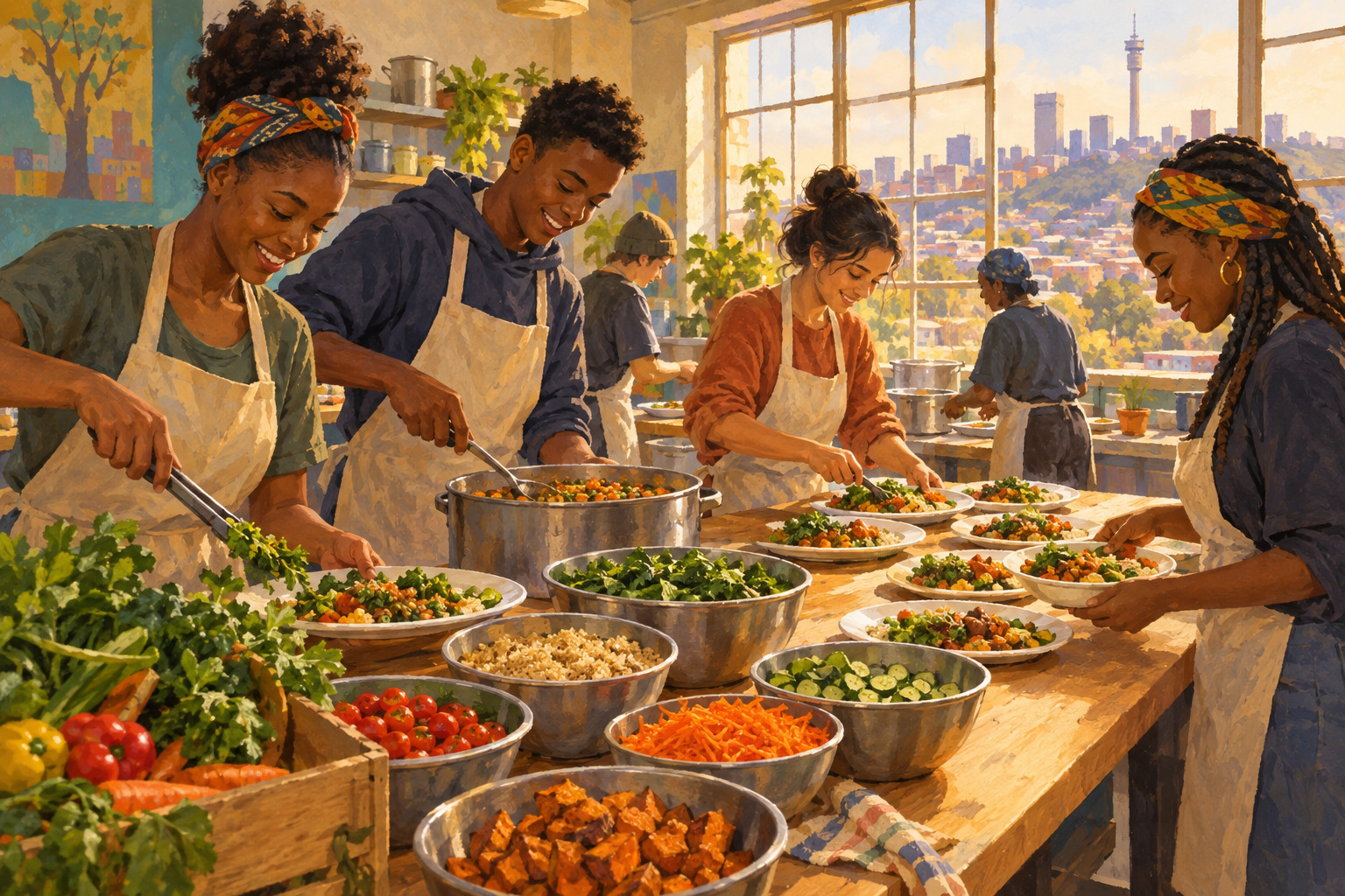 Young volunteers prepare meals together at a Johannesburg community outreach centre.