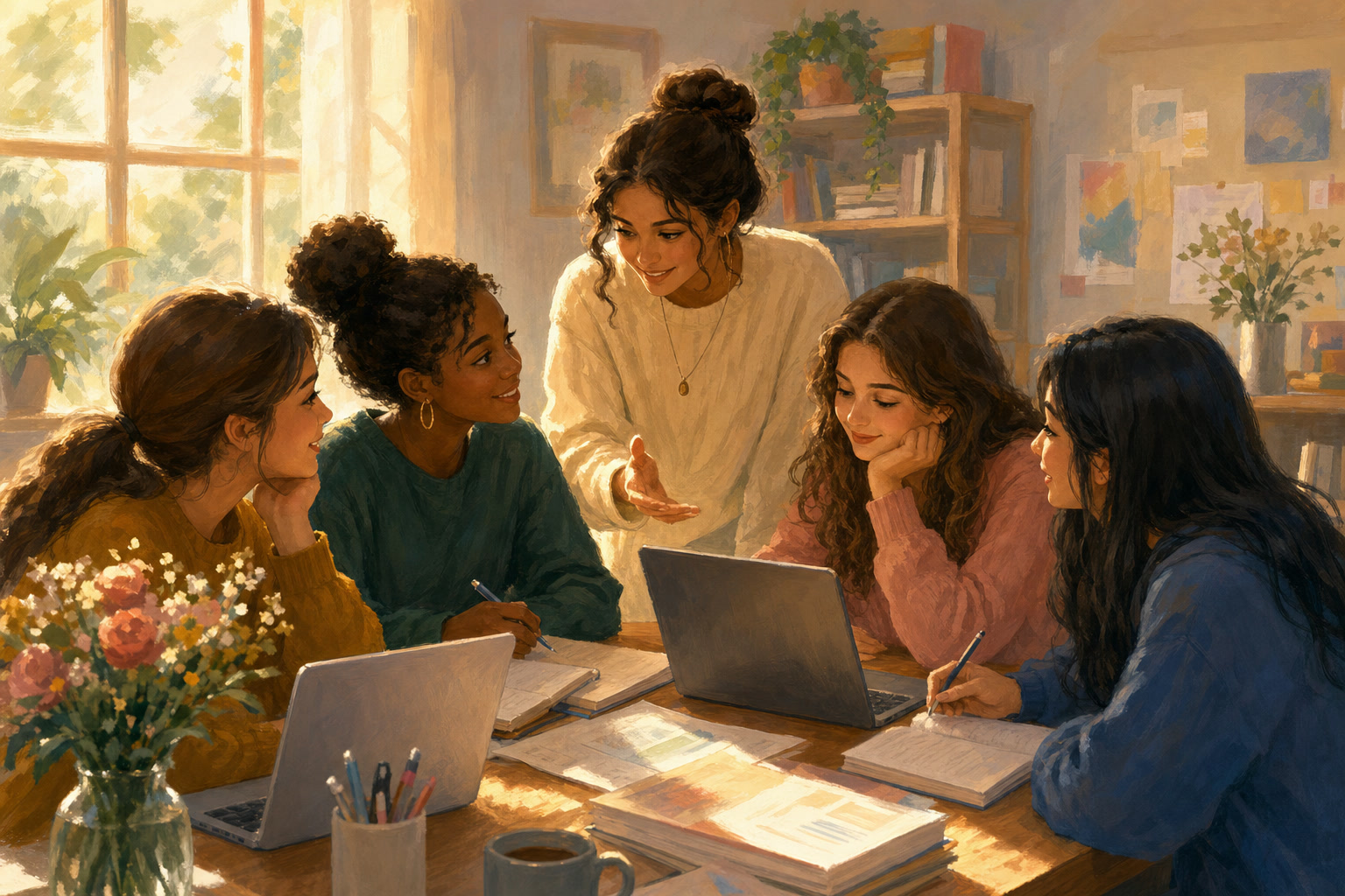 Young women study together with a mentor during a university scholarship workshop.
