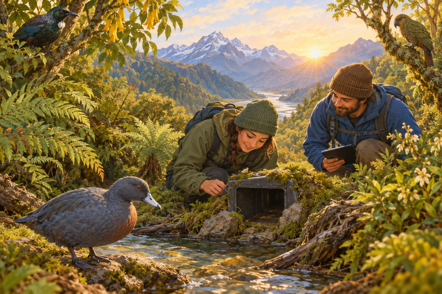 Native birds and forest life thrive near a conservation monitoring site in Kahurangi National Park.