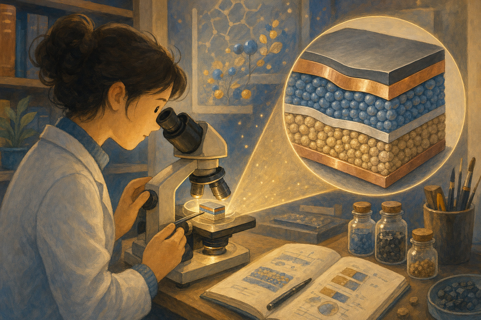 A researcher examining a tiny battery cross-section under a microscope.