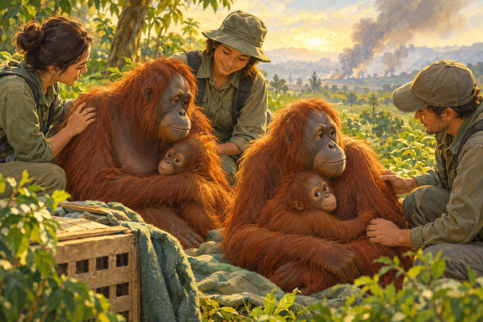Wildlife rescuers care for two orangutan mothers and their young near a tropical forest.