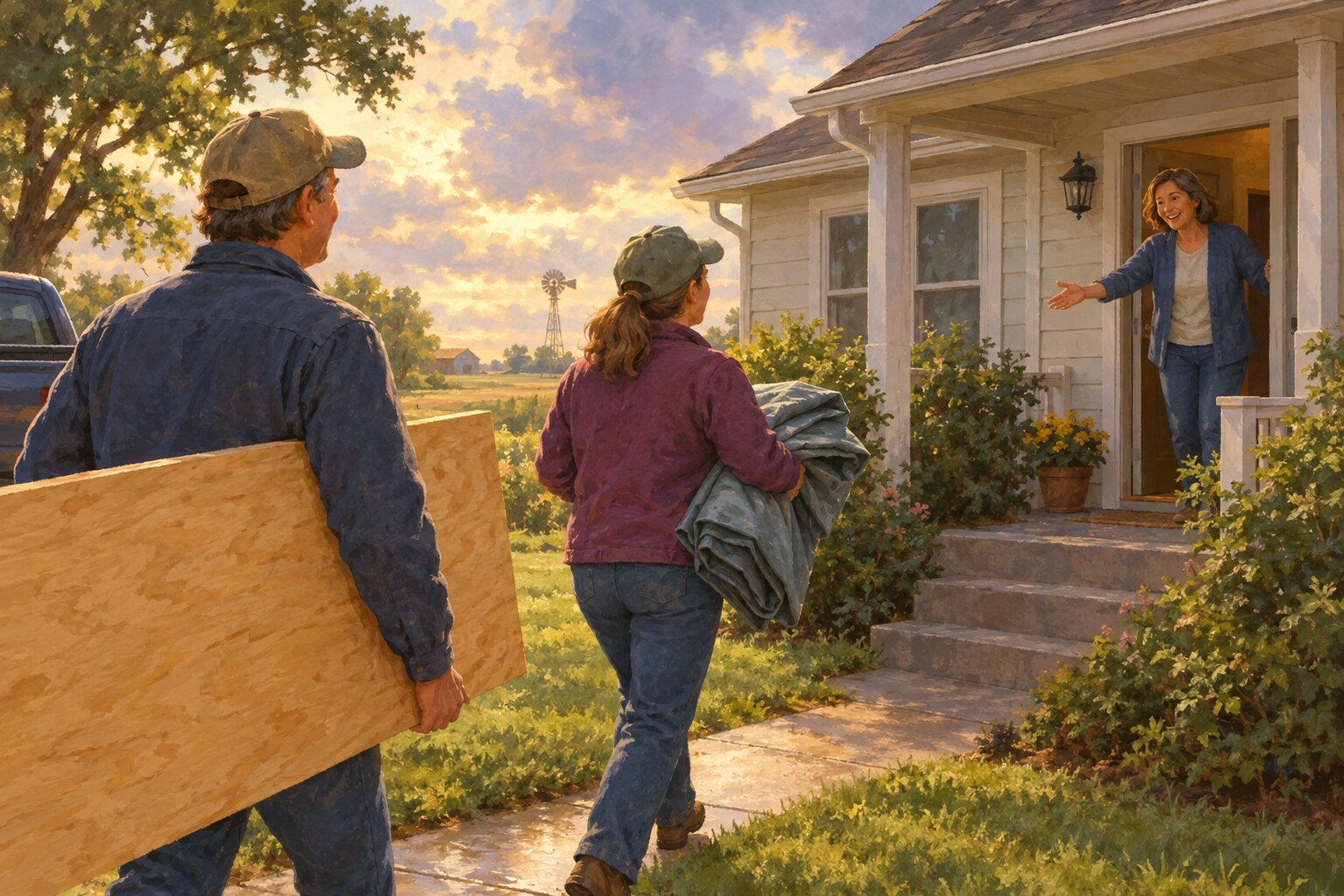 Neighbors bring plywood and a protective sheet to a storm-damaged home.