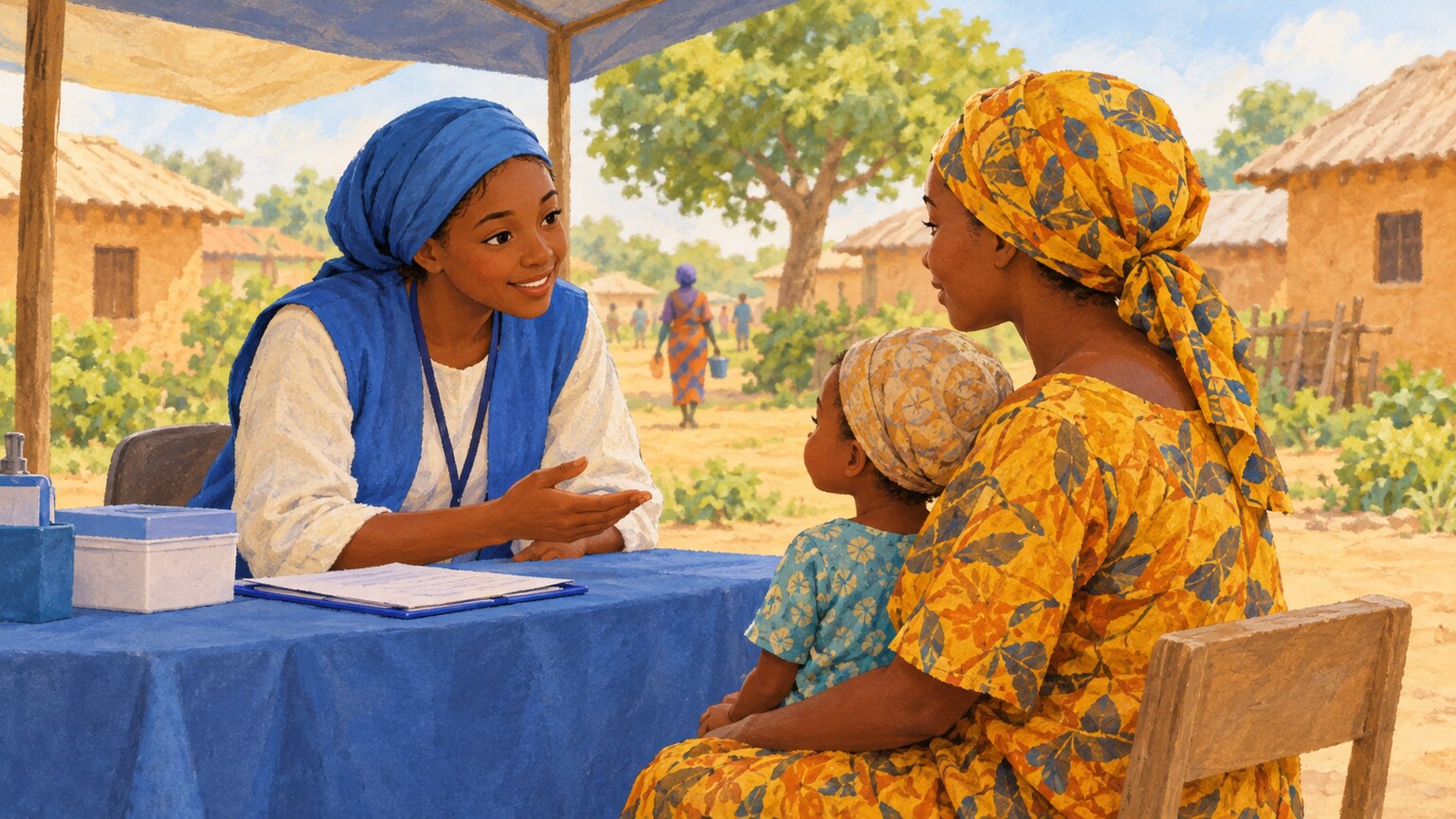A health worker welcomes a parent and child at a shaded community vaccination station.