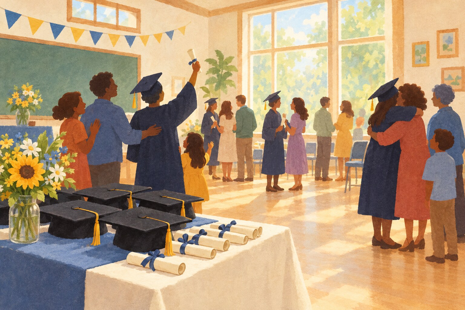 Students and families celebrating at a small community-school graduation.