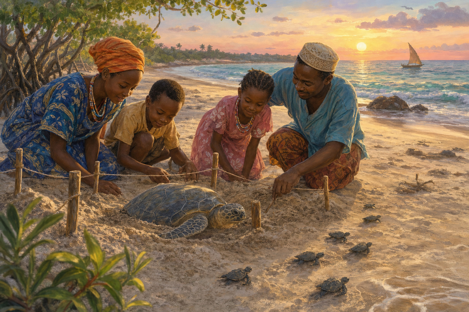 Community turtle guardians watching over a marked nest as hatchlings head toward the sea.