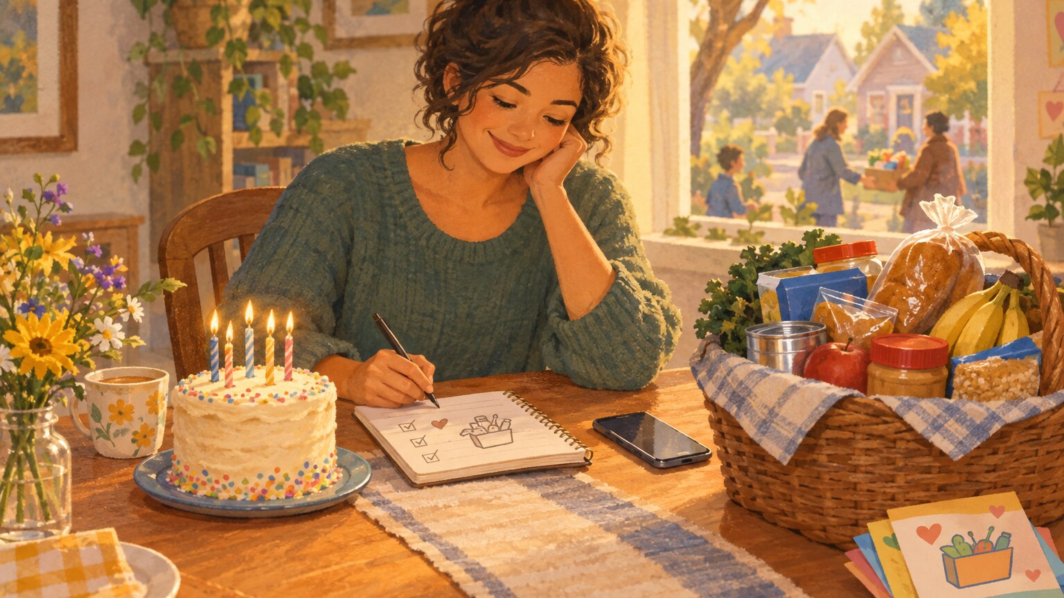Eine Frau feiert ihren Geburtstag und bereitet zugleich eine Spendenaktion f&uuml;r eine &ouml;rtliche Tafel vor.