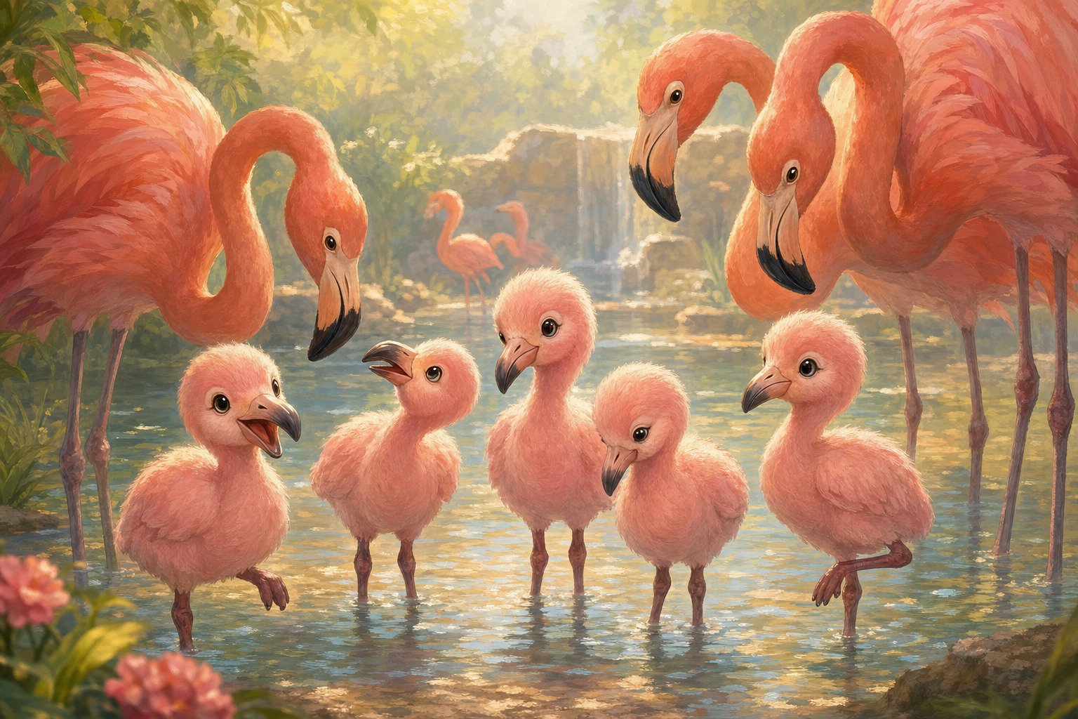 Five young flamingos take tiny steps beside adult flamingos in a sunny pond.