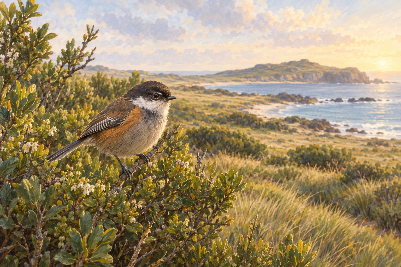 A small native bird perches among shrubs near the coast on King Island.