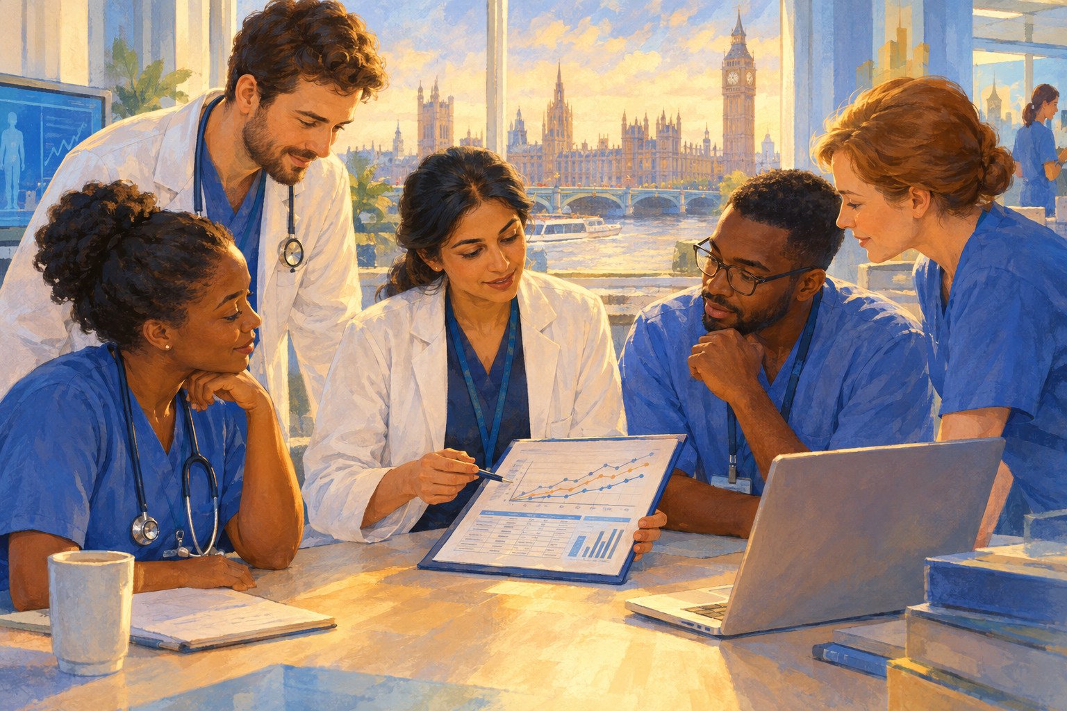 A hospital research team carefully reviews a clinical trial for a rare blood condition.