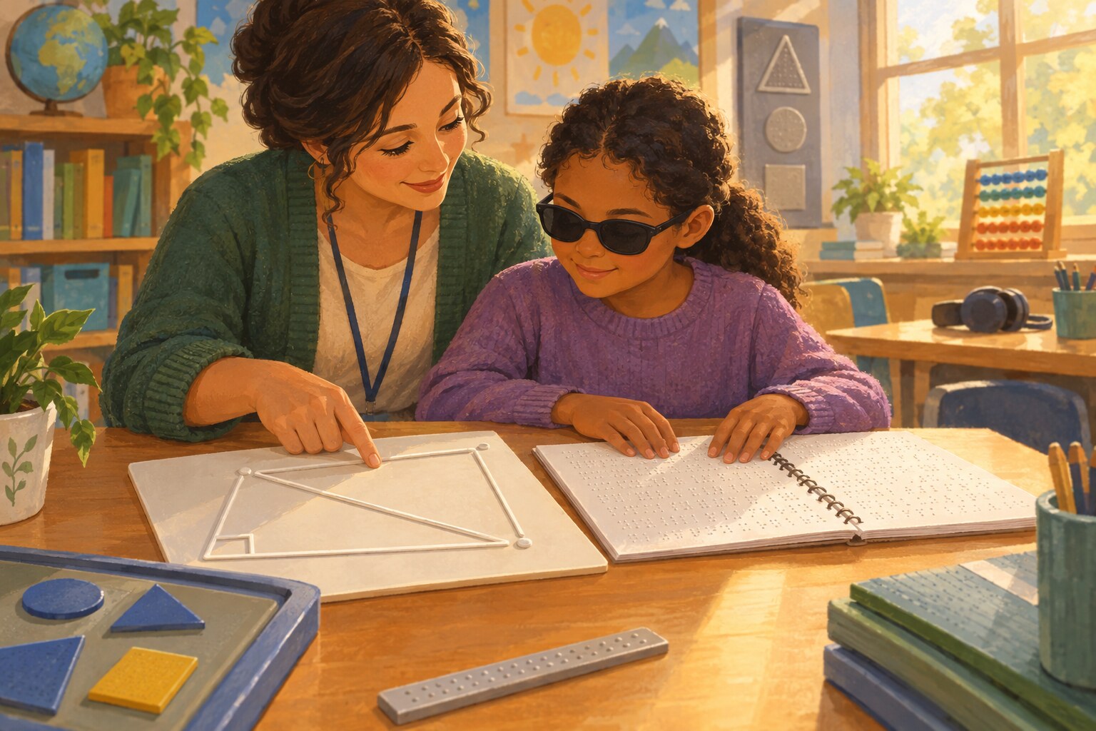 Eine Lehrerin und ein Sch&uuml;ler erkunden gemeinsam in einem hellen Klassenzimmer eine tastbare Mathematikstunde.