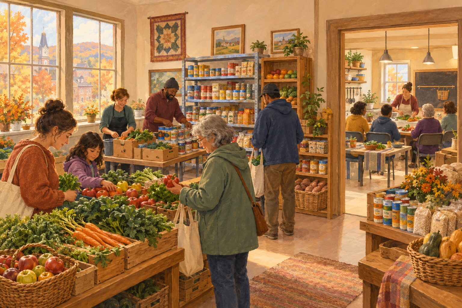Nachbarn und Freiwillige teilen Essen in einer einladenden Lebensmittelausgabe in Kutztown.