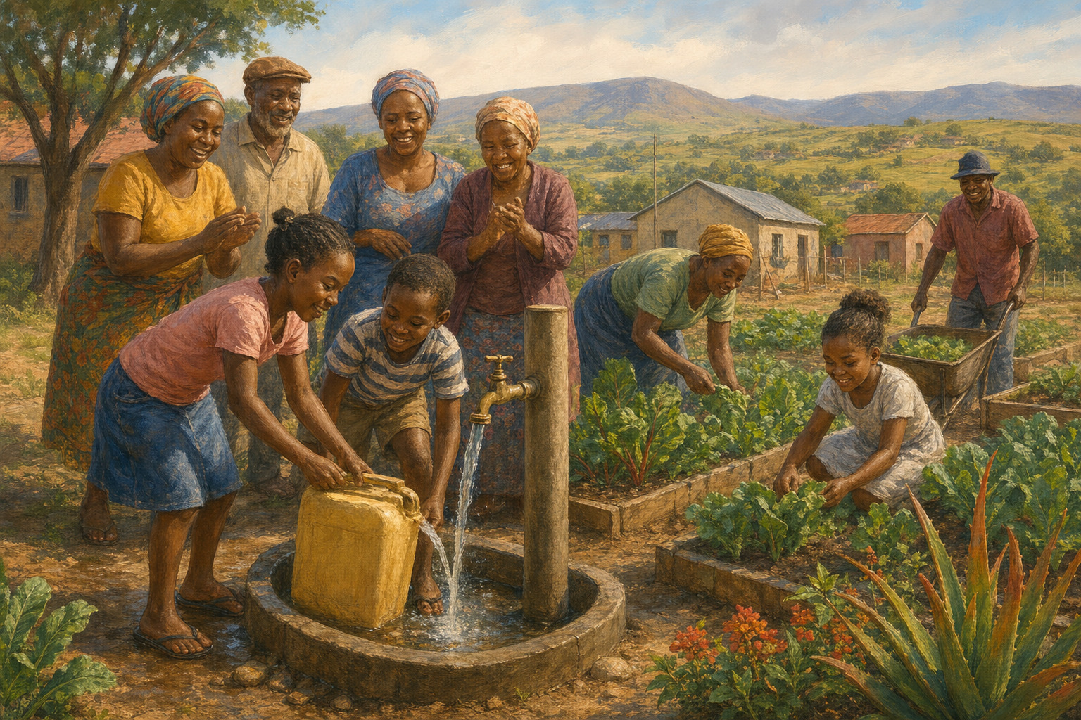 Residents gather around a new water tap in a rural South African community.