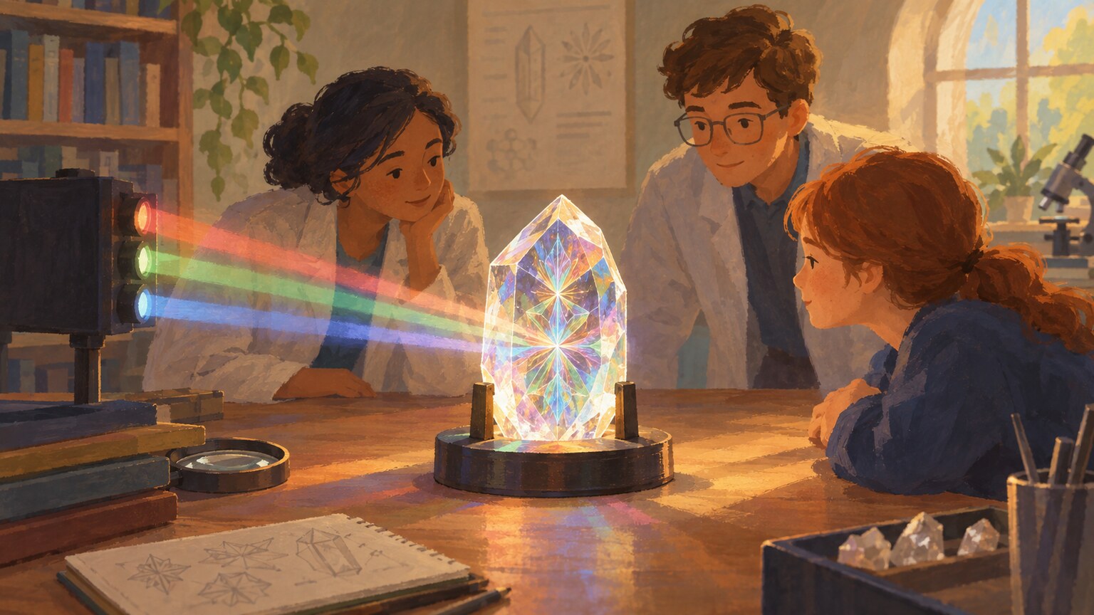 Soft beams of light illuminate a small crystal with delicate patterns inside.