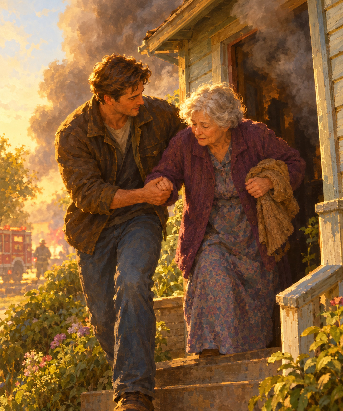 A neighbor helps an older woman away from a house fire while firefighters work nearby.