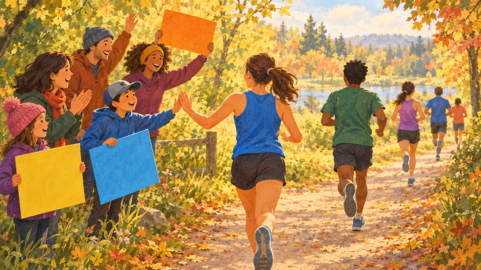 An illustrated group of community members cheers runners along a park trail with colorful blank signs and high-fives.