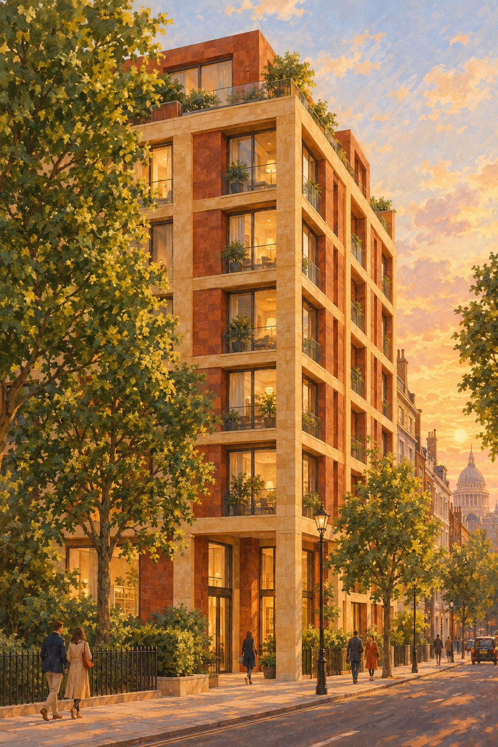 A modern London apartment building with a visible load-bearing stone frame.