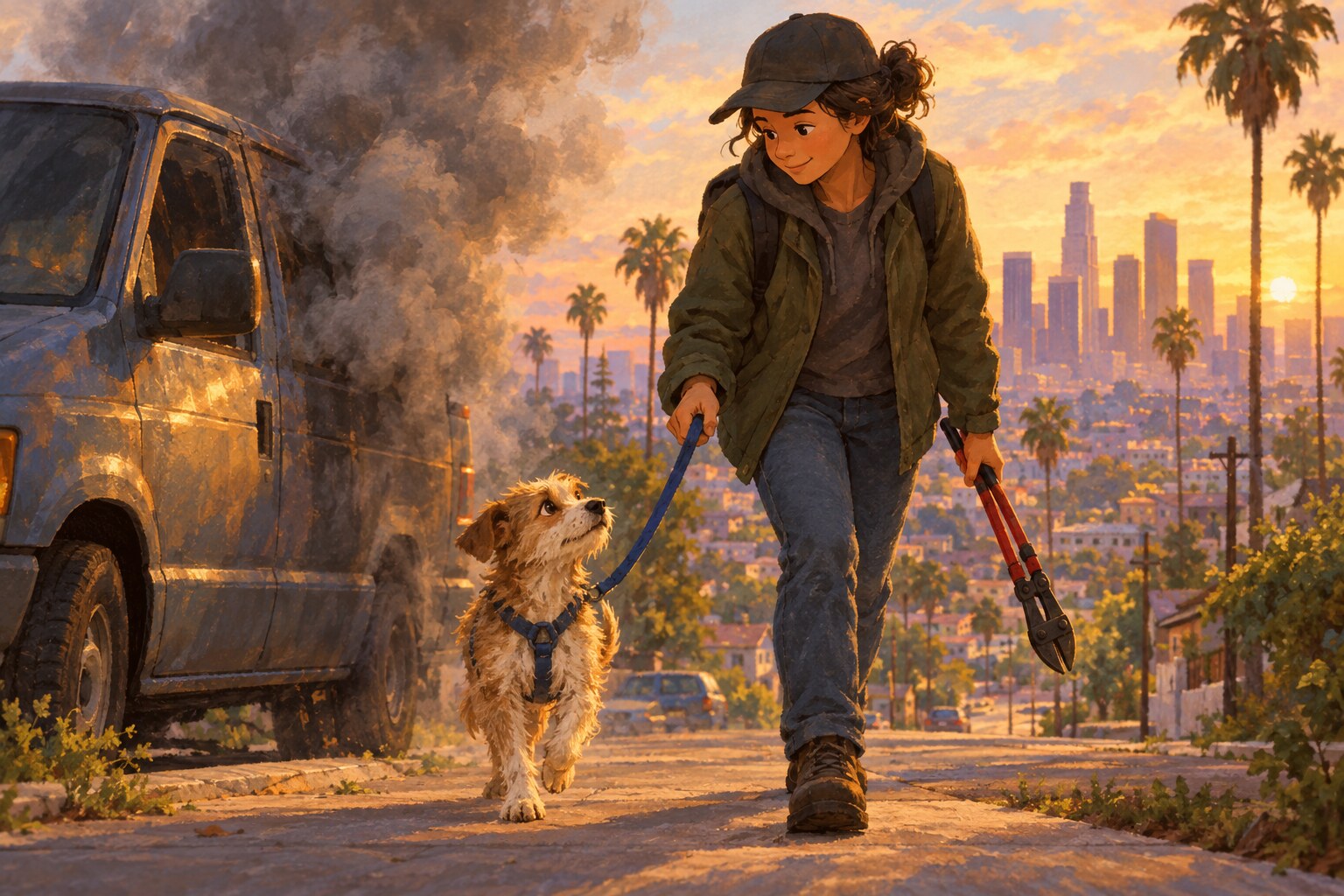 A stranger frees a dog from a burning van on a Los Angeles street.