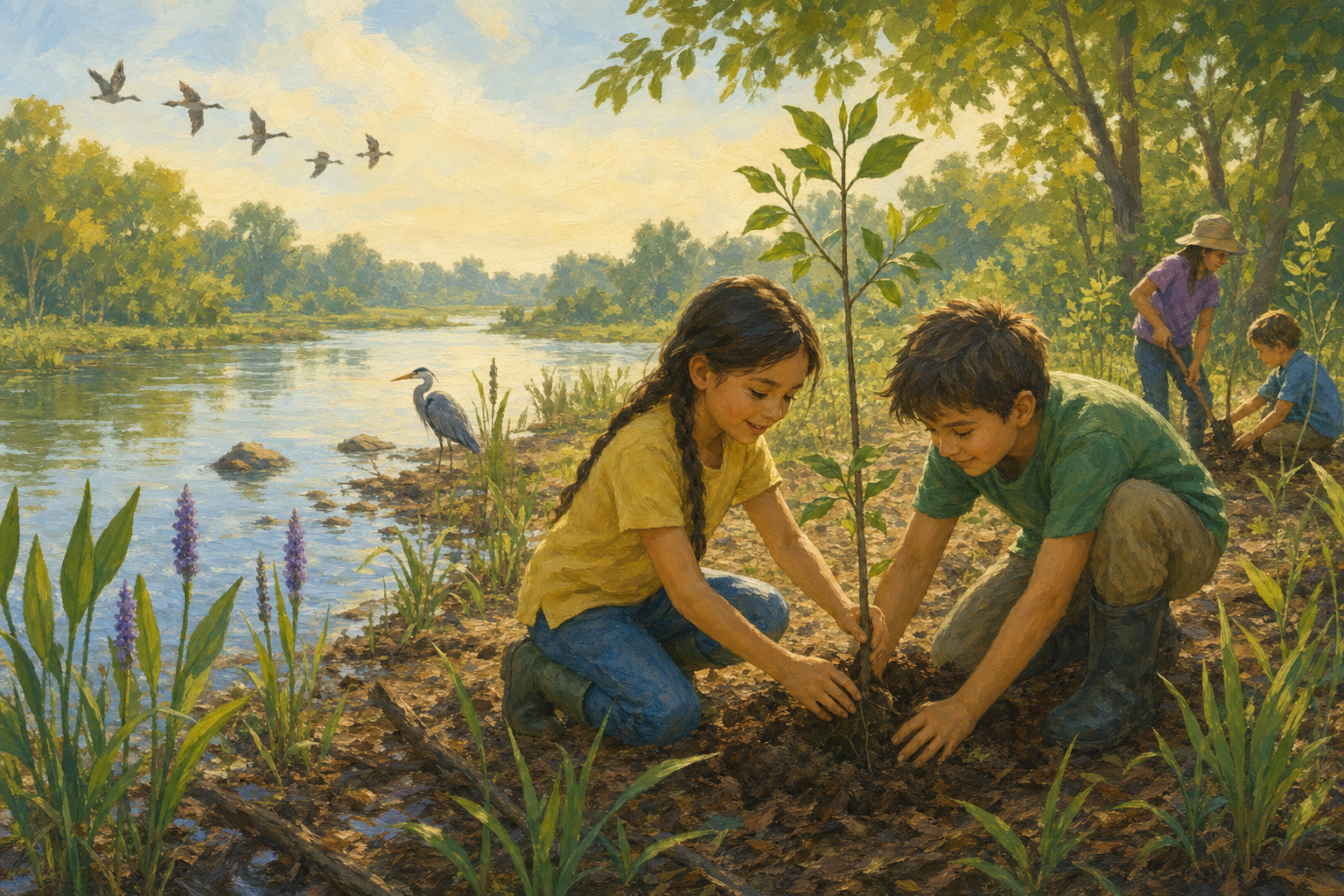 Young hardwood trees grow beside a Lower Mississippi wetland with wildlife nearby.