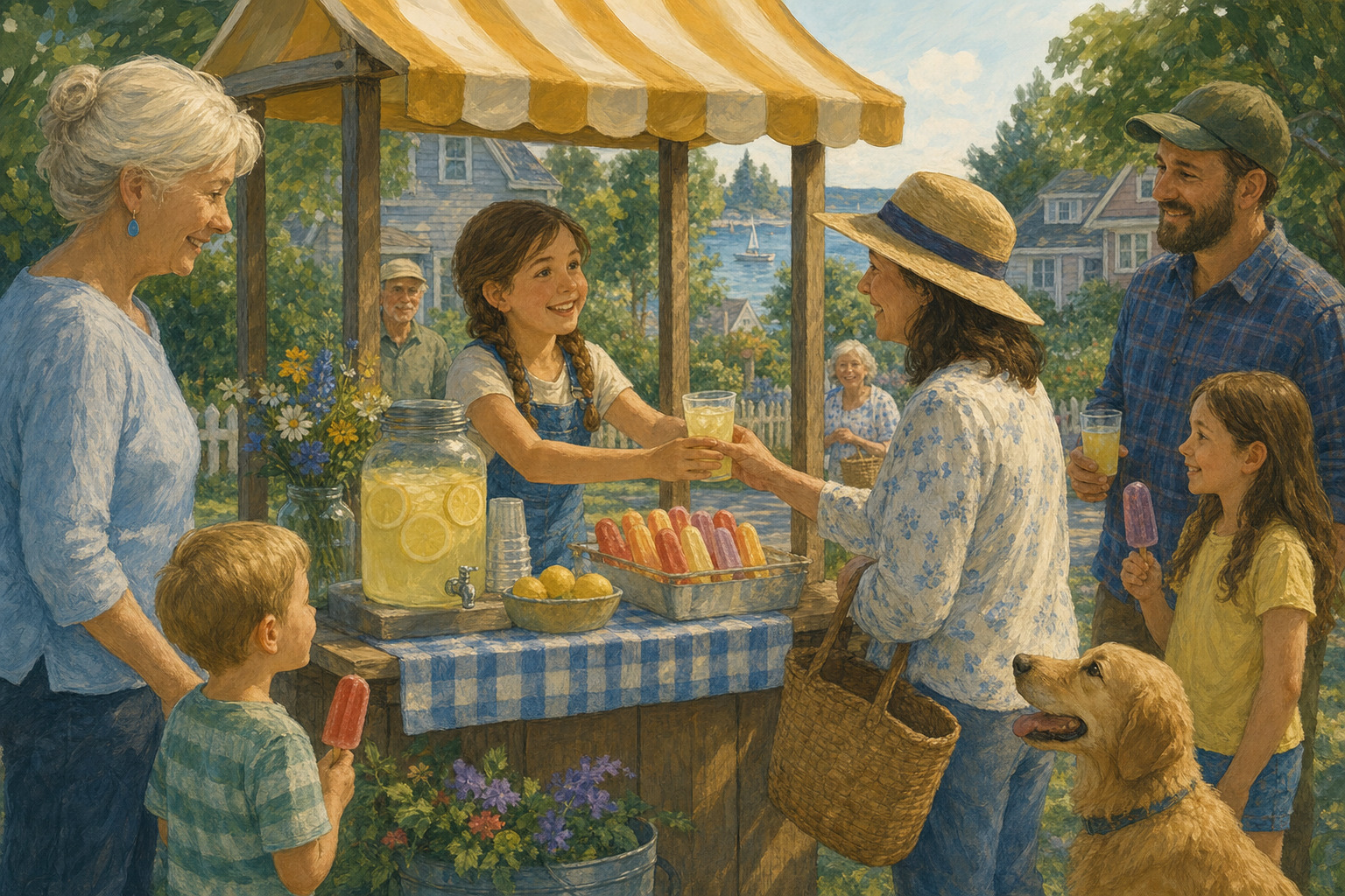 A child serves lemonade at a neighborhood stand raising money for a local food bank.