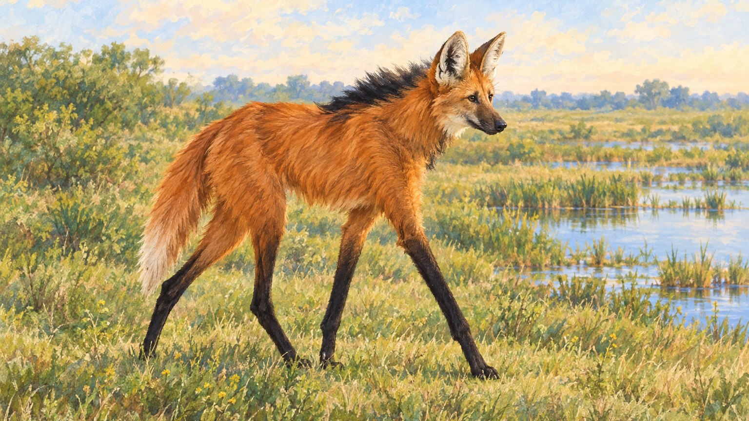 A maned wolf steps into grassland beside a wetland in Argentina.