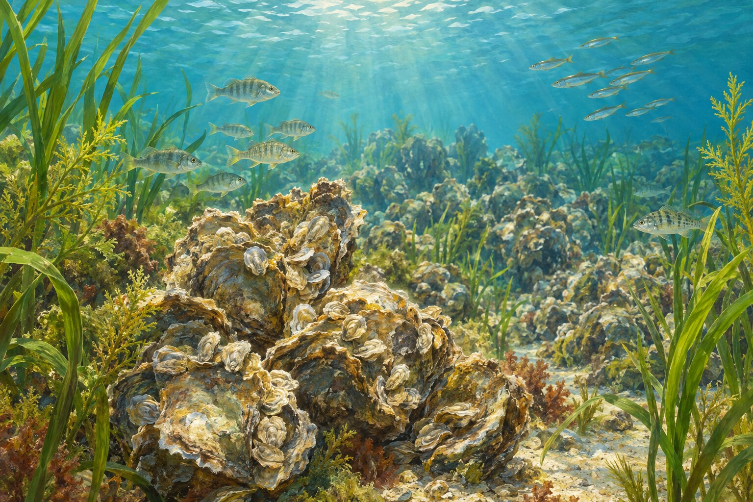 Young oysters and small fish share a restored reef beneath Chesapeake Bay waters.