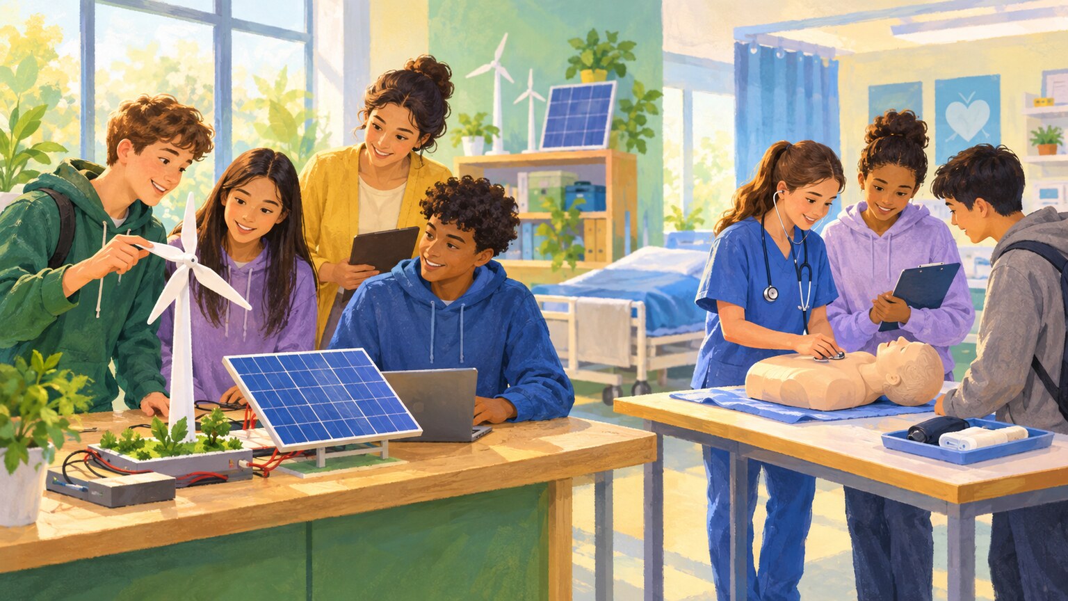 Students explore hands-on career learning in a bright classroom.