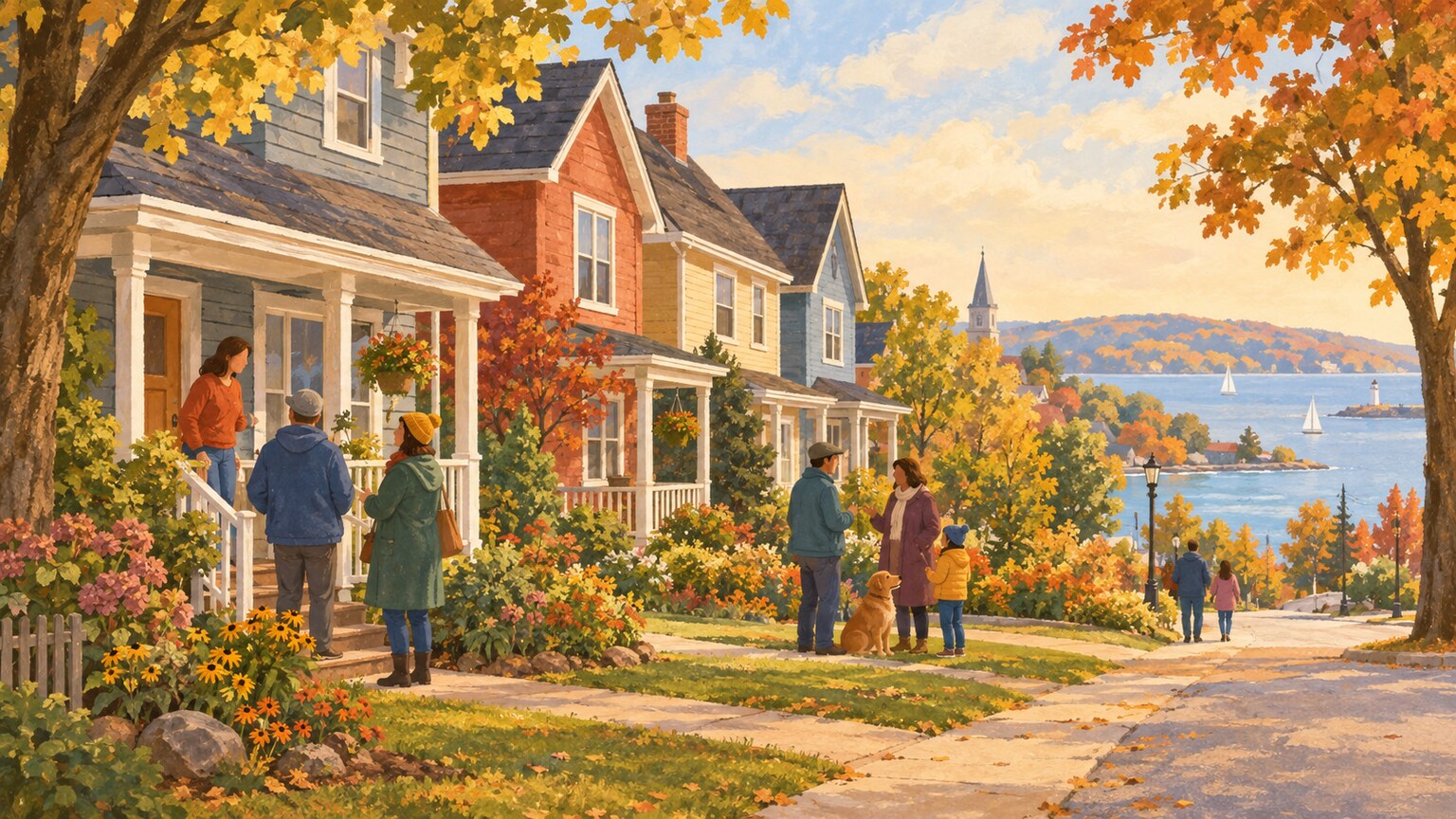 An illustrated row of two-storey homes with trees and community members outside.
