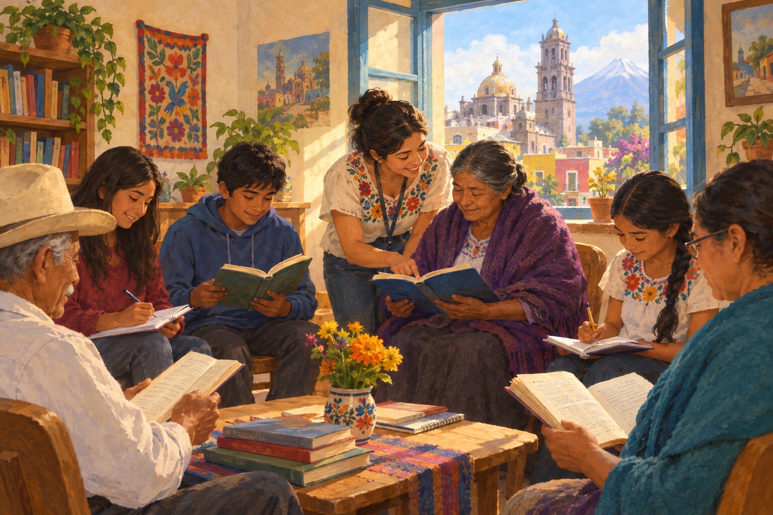 A volunteer helps learners practice reading in a community centre.
