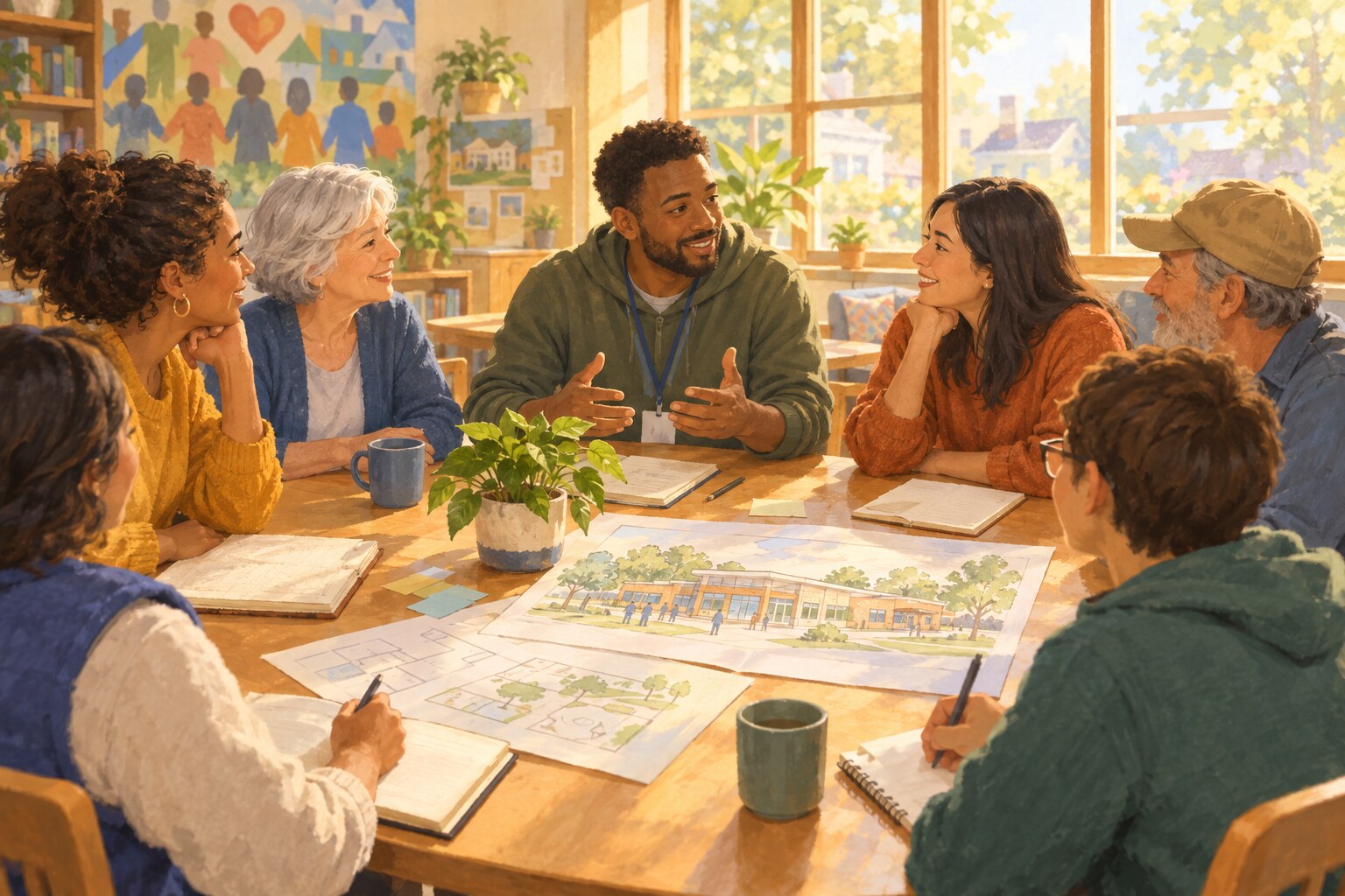 Community volunteers plan a project together around a table in a neighborhood center.