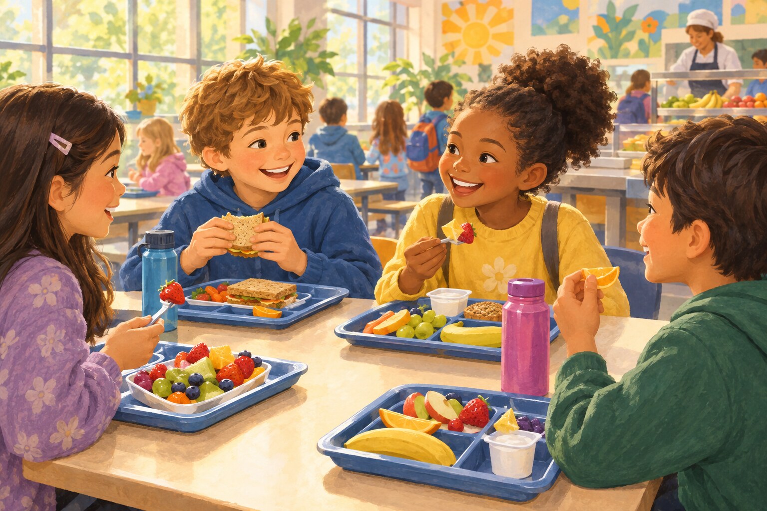 Students share a school meal in a bright cafeteria.