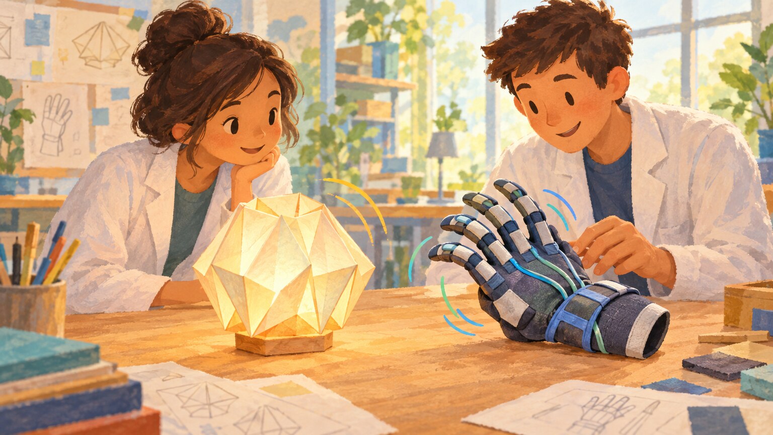 Eine Prototyp-Lampe und ein flexibler Handschuh liegen auf einer hellen Werkbank in einem Forschungslabor.